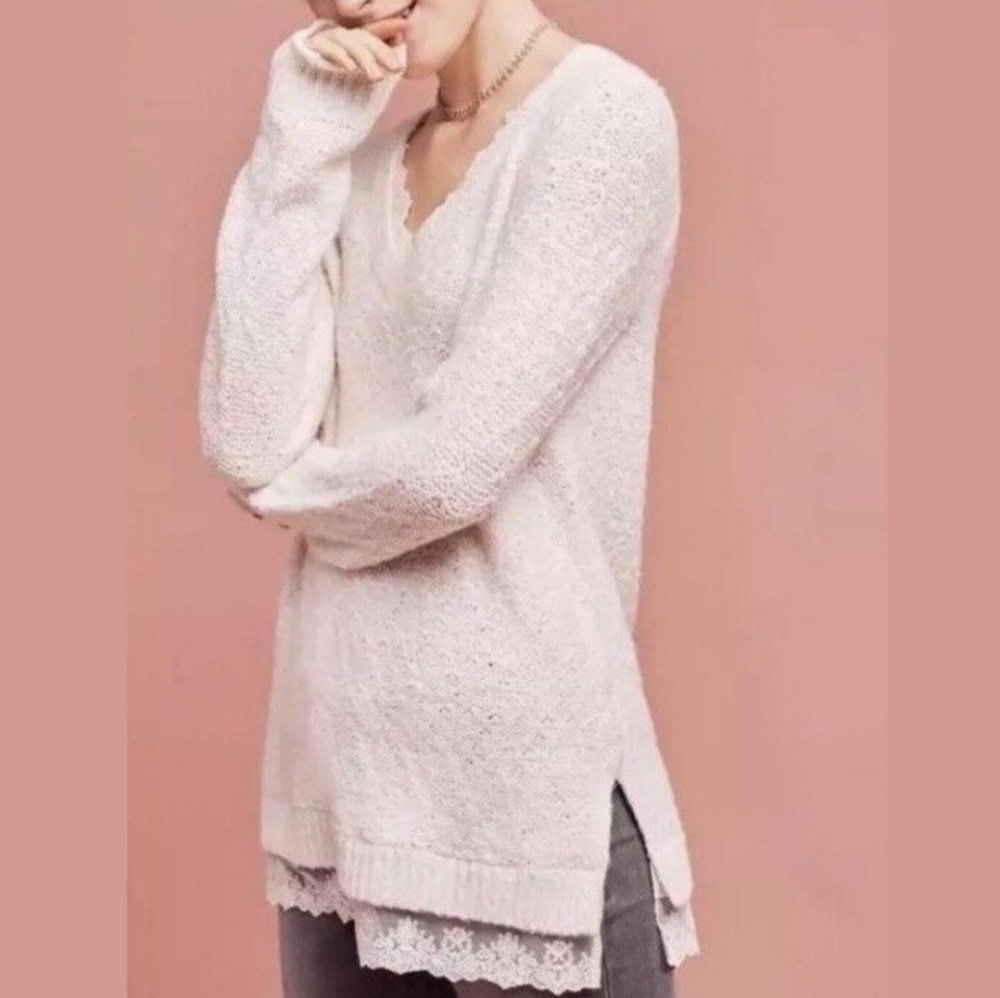 Anthropologie Knitted & Knotted Ivory Lace Trim V-Neck Sweater Medium NEW